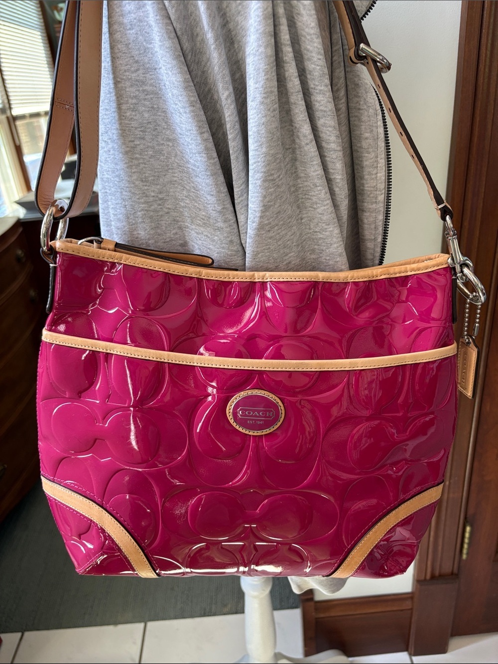 Coach Peyton Patent convertible bag Shoulder/Crossbody Fuchsia /Tan leather Trim